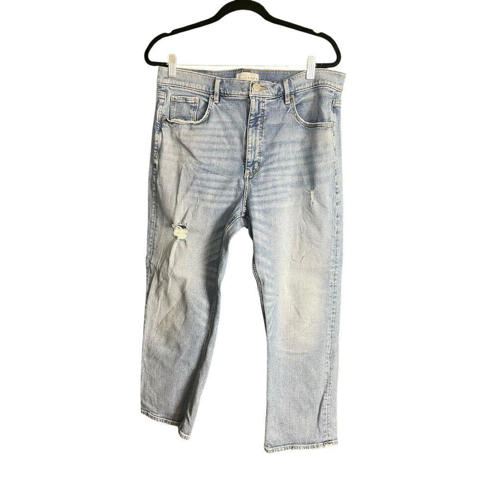 Loft Jeans Women 14/32 Straight Crop High Rise Distressed Chewed Hem Light Wash